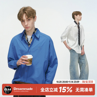 Dream made 美式极简刺绣蓝色长袖衬衫男款春秋季少年感休闲衬衣