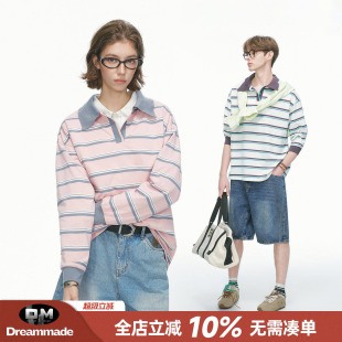 Dream made 撞色条纹POLO衫长袖T恤男女款秋季松弛感通勤情侣上衣
