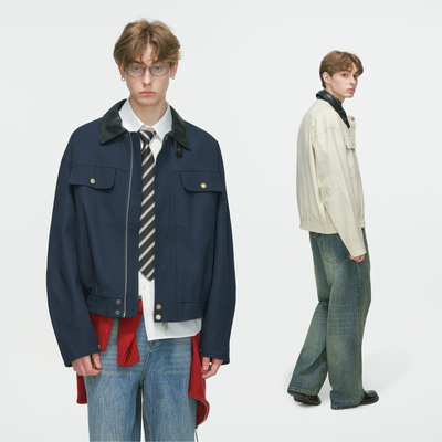 Dream made 美式巴恩风底特律工装外套男春秋季boxy短款皮领夹克