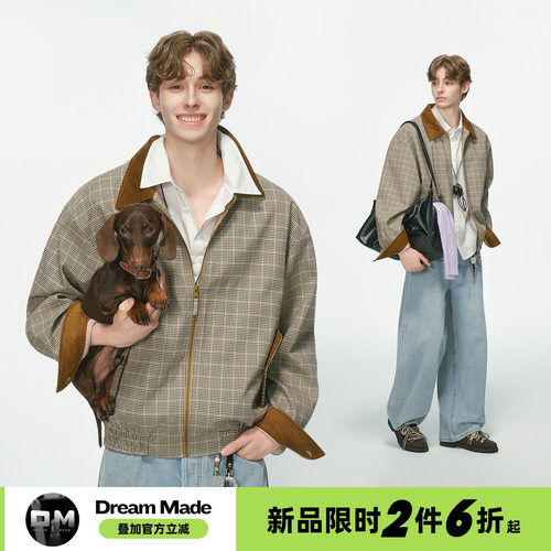Dream made 美式巴恩风灯芯绒拼接夹克男秋季美拉德通勤防风外套