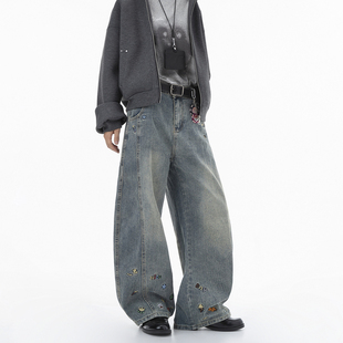 趣味刺绣牛仔裤 美式 男款 秋冬季 子 Dream 直筒阔腿情侣弯刀裤 made