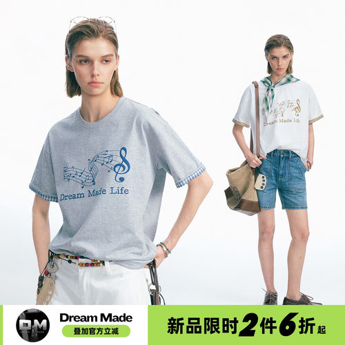 Dream made 美式休闲拼色音符印花短袖T恤男夏季薄款情侣半袖上衣