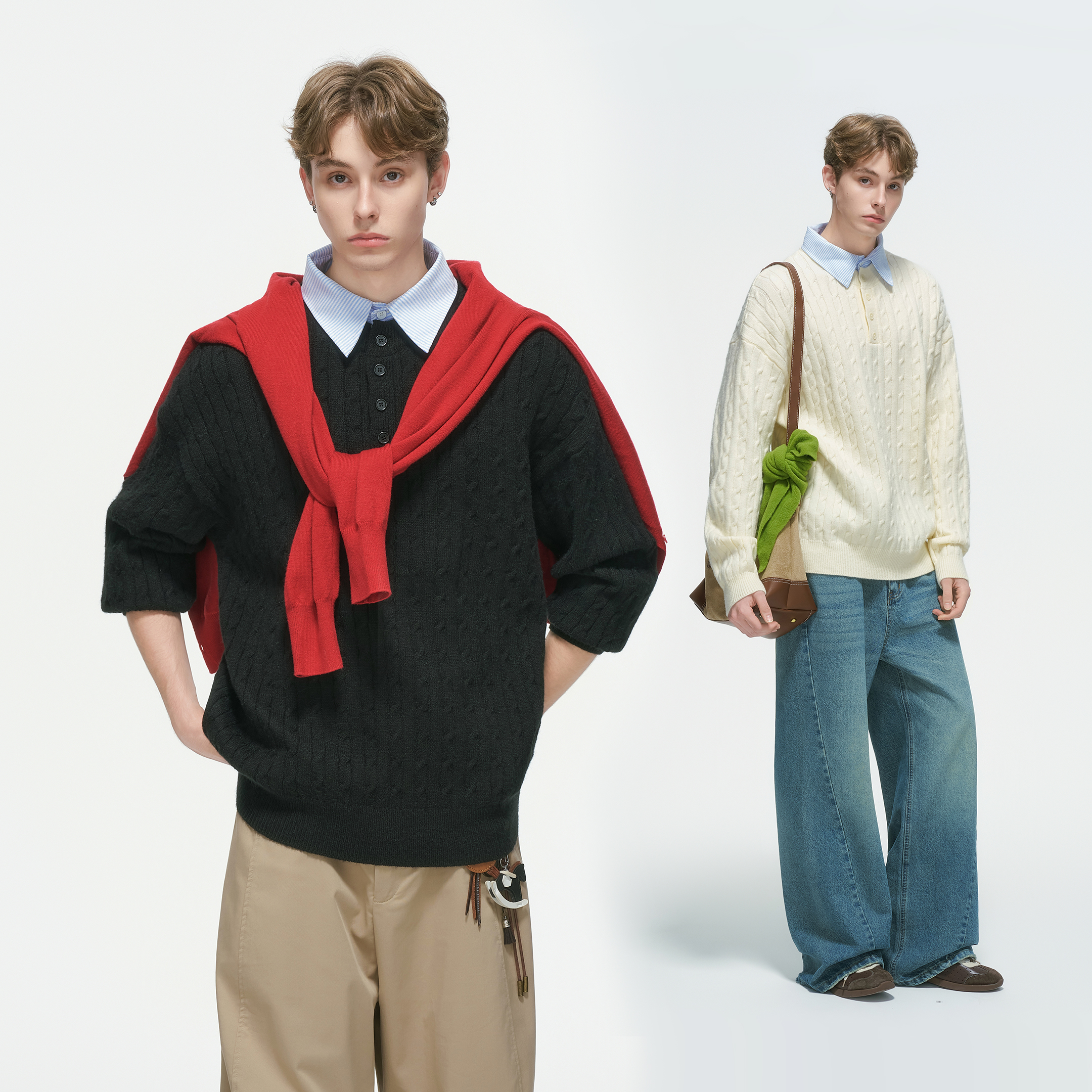 Dream made学院风假两件polo衫麻花毛衣男款秋冬季老钱针织衫上衣