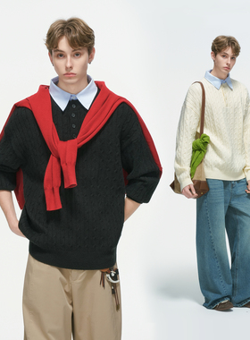 Dream made学院风假两件polo衫麻花毛衣男款秋冬季老钱针织衫上衣