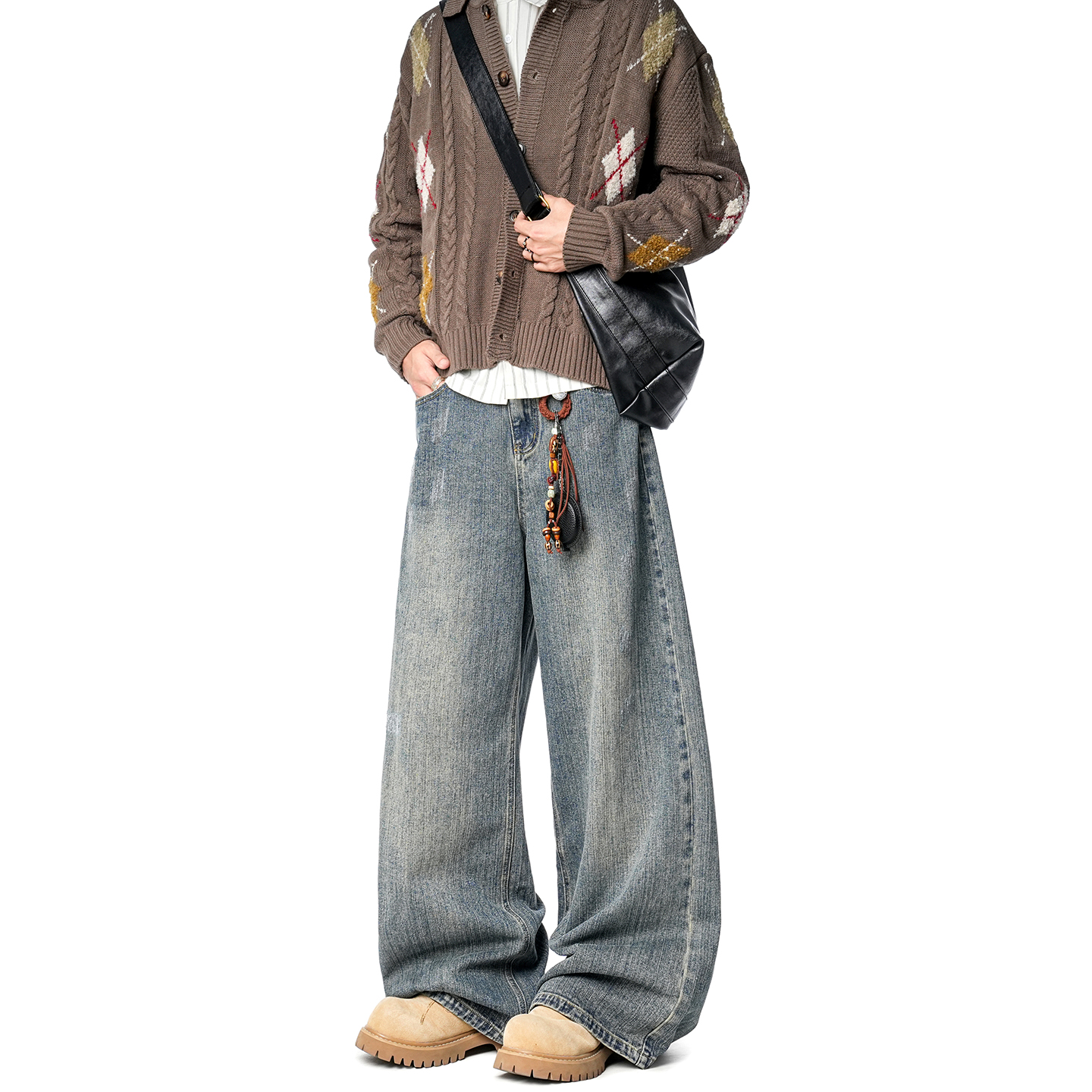 Dream made 美式竹节纹刮烂牛仔裤男款秋冬季直筒阔腿裤男生裤子