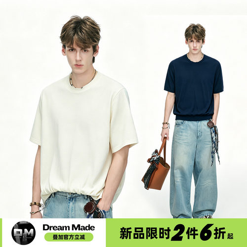 Dream made 老钱风天丝羊毛混纺针织短袖T恤男夏季莱赛尔半袖上衣