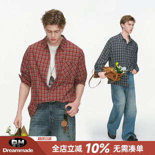 Dream made 美式红色格子长袖衬衫男款春夏季高级感内搭情侣衬衣