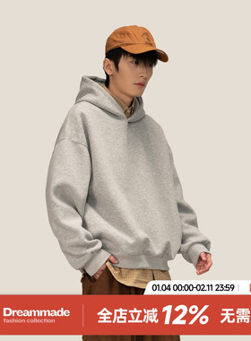 Dream made 美式cleanfit连帽灰色卫衣男秋冬季加绒加厚重磅外套