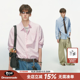 Dream made高智感粉色条纹长袖衬衫男女秋季通勤内搭叠穿情侣衬衣