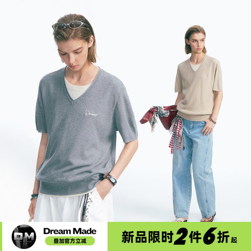 Dream made 老钱风假两件针织亚麻短袖T恤男夏季薄款情侣半袖上衣