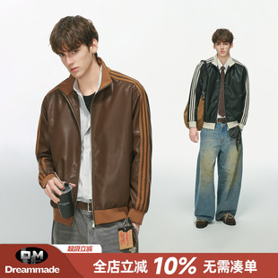 Dream made 美拉德条纹短宽PU皮衣外套男款秋季通勤防风立领夹克