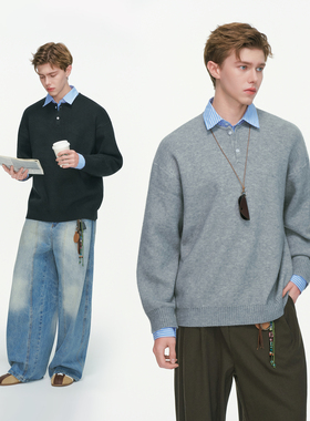 Dream made 美式假两件高智感POLO衫毛衣男款秋冬季衬衫领针织衫