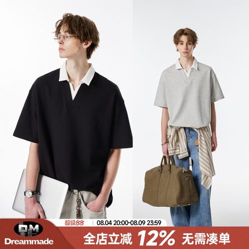 Dream made 假两件学院风V领短袖polo衫男款夏季美式休闲男生T恤