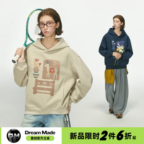Dream made美式印花宽松连帽卫衣男女秋季情侣款通勤重磅卫衣外套