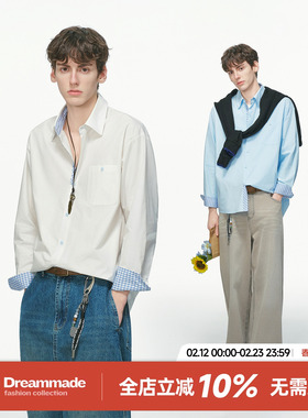 Dream made 白色高级感格子长袖衬衫男款春秋季休闲内搭情侣衬衣