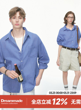 Dream made 美式蓝色格子长袖衬衫男女春季miu系高知穿搭情侣衬衣