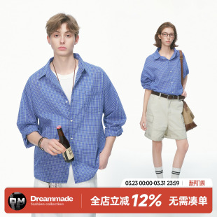 made 男女春季 美式 衬衫 miu系高知穿搭情侣衬衣 蓝色格子长袖 Dream