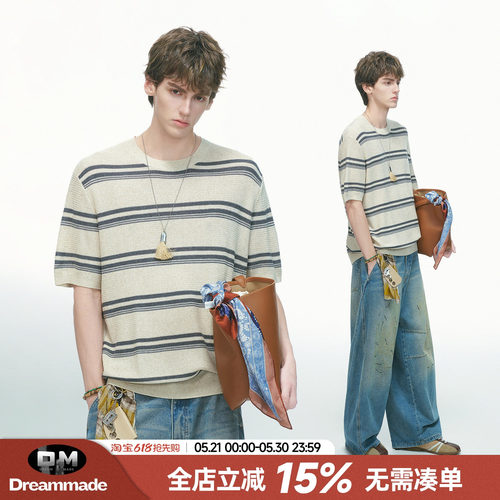 Dream made 美式条纹莱赛尔天丝亚麻圆领针织短袖T恤男款夏季上衣