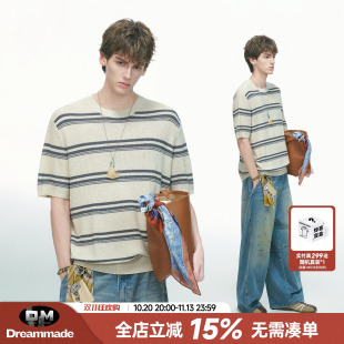 Dream made 美式条纹莱赛尔天丝亚麻圆领针织短袖T恤男款夏季上衣