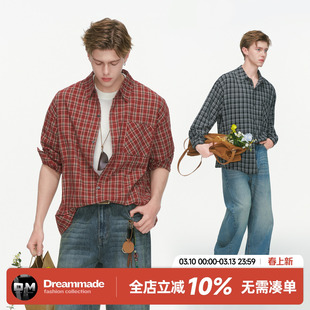 Dream made 美式红色格子长袖衬衫男款春秋季高级感内搭情侣衬衣