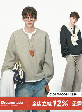 Dream made 美式假两件V领卫衣男秋冬季加绒加厚重磅男生内搭上衣