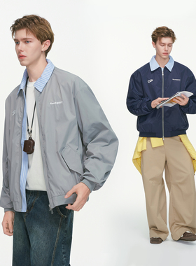 Dream made 美式刺绣假两件棒球服外套男春秋季拼接条纹翻领夹克