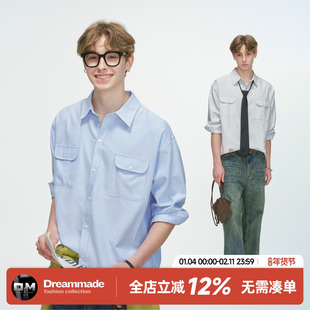 Dream made美式高级感条纹长袖衬衫男春秋季休闲工装内搭衬衣男生