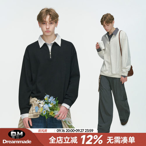 Dream made美式假两件衬衫领POLO衫卫衣男款春秋季半拉链内搭上衣