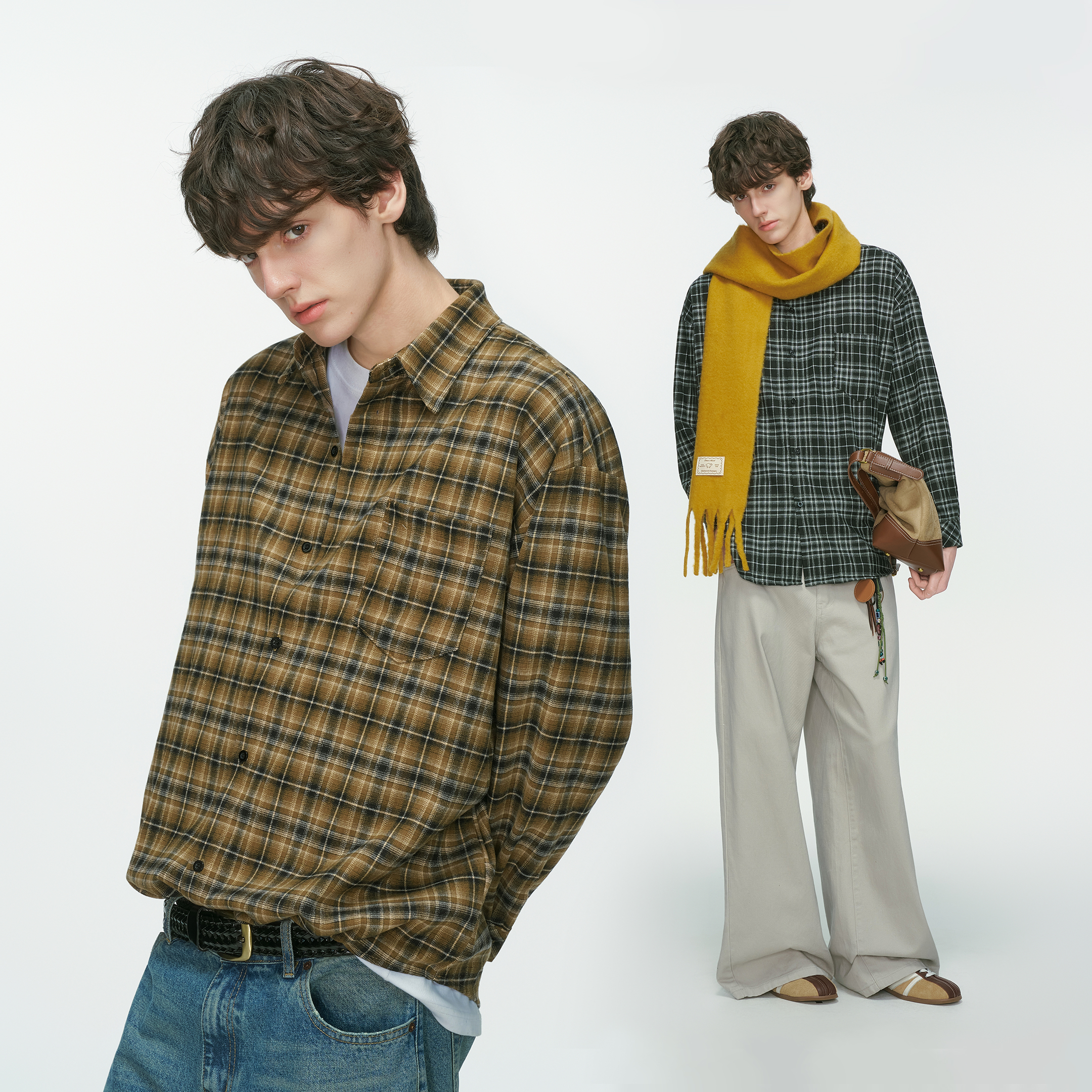 Dream made 美式复古格纹磨毛长袖衬衫男款秋季ins潮休闲格子衬衣