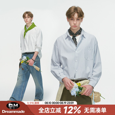 Dream made 美式通勤条纹白色衬衫男款秋季休闲内搭情侣长袖衬衣