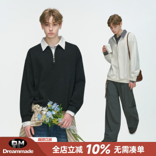 Dream made美式假两件衬衫领POLO衫卫衣男款春秋季半拉链内搭上衣