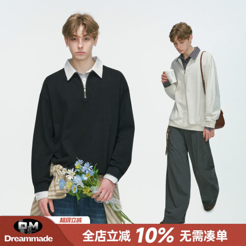 Dream made美式假两件衬衫领POLO衫卫衣男款春秋季半拉链内搭上衣
