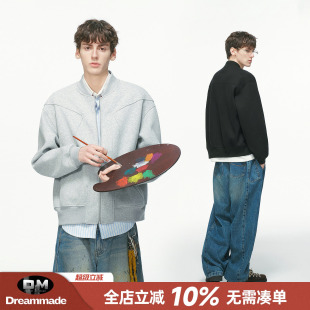 Dreammade 美式重磅灰色开衫卫衣男春秋季新款棒球服男生夹克外套