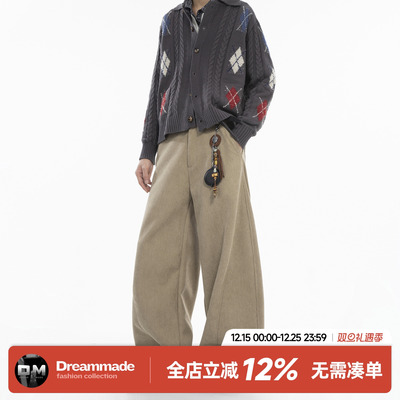 Dream made秋冬季加厚灯芯绒休闲裤男款直筒宽松阔腿男生弯刀裤子