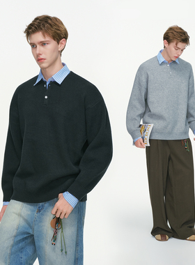 Dream made假两件学院风毛衣男款秋冬季慵懒风情侣针织衫男生上衣