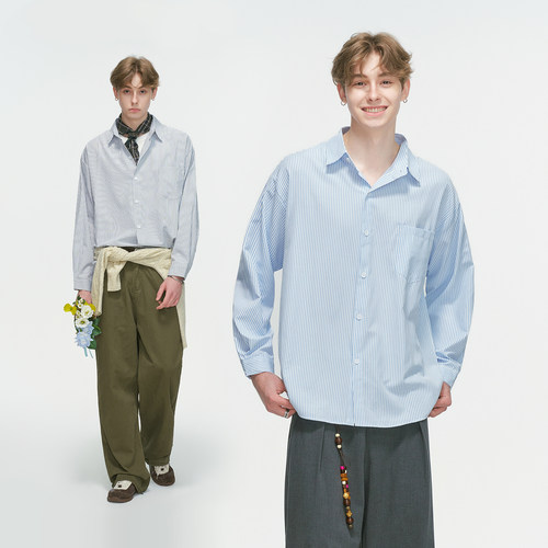 Dream made 蓝色条纹长袖衬衫男款秋季通勤休闲男生内搭情侣衬衣