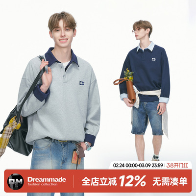 Dream made假两件撞色衬衫领polo衫刺绣卫衣男春季肌理感男生上衣