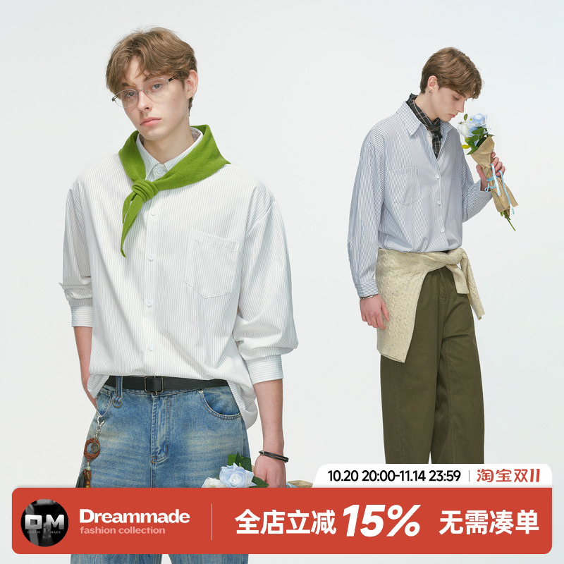 Dream made 美式条纹白色长袖衬衫男春秋季休闲通勤宽松慵懒衬衣
