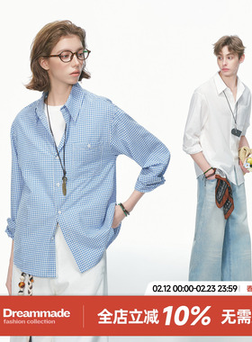 Dream made 泡泡纱肌理感格子长袖衬衫男女春季内搭情侣白色衬衣