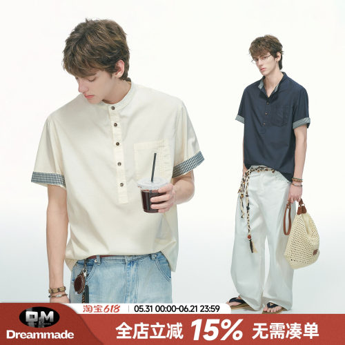Dream made人夫感天丝格子亨利领短袖衬衫男款夏季男生莱赛尔T恤
