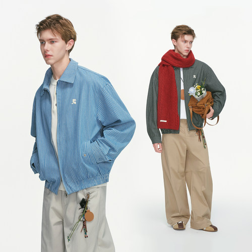 Dream made美式cleanfit条纹短款夹克男秋季休闲工装外套情侣上衣