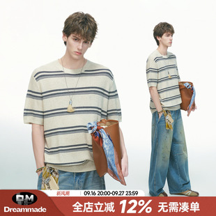 Dream made 美式条纹莱赛尔天丝亚麻圆领针织短袖T恤男款夏季上衣
