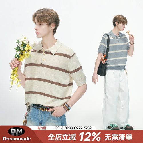 Dream made 人夫感天丝亚麻条纹短袖POLO衫男夏季薄款花纱针织T恤