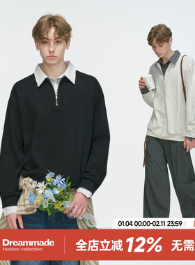 Dream made美式假两件衬衫领POLO衫卫衣男款春秋季半拉链内搭上衣