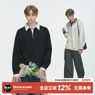 Dream made美式假两件衬衫领POLO衫卫衣男款春秋季半拉链内搭上衣