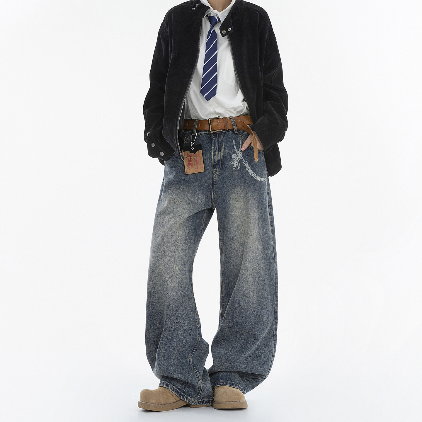 Dream made美式设计感水洗做旧牛仔裤男款秋冬季直筒阔腿裤子男生