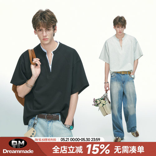 Dream made 美式假两件V领短袖男款夏季人夫感亨利领正肩半袖T恤
