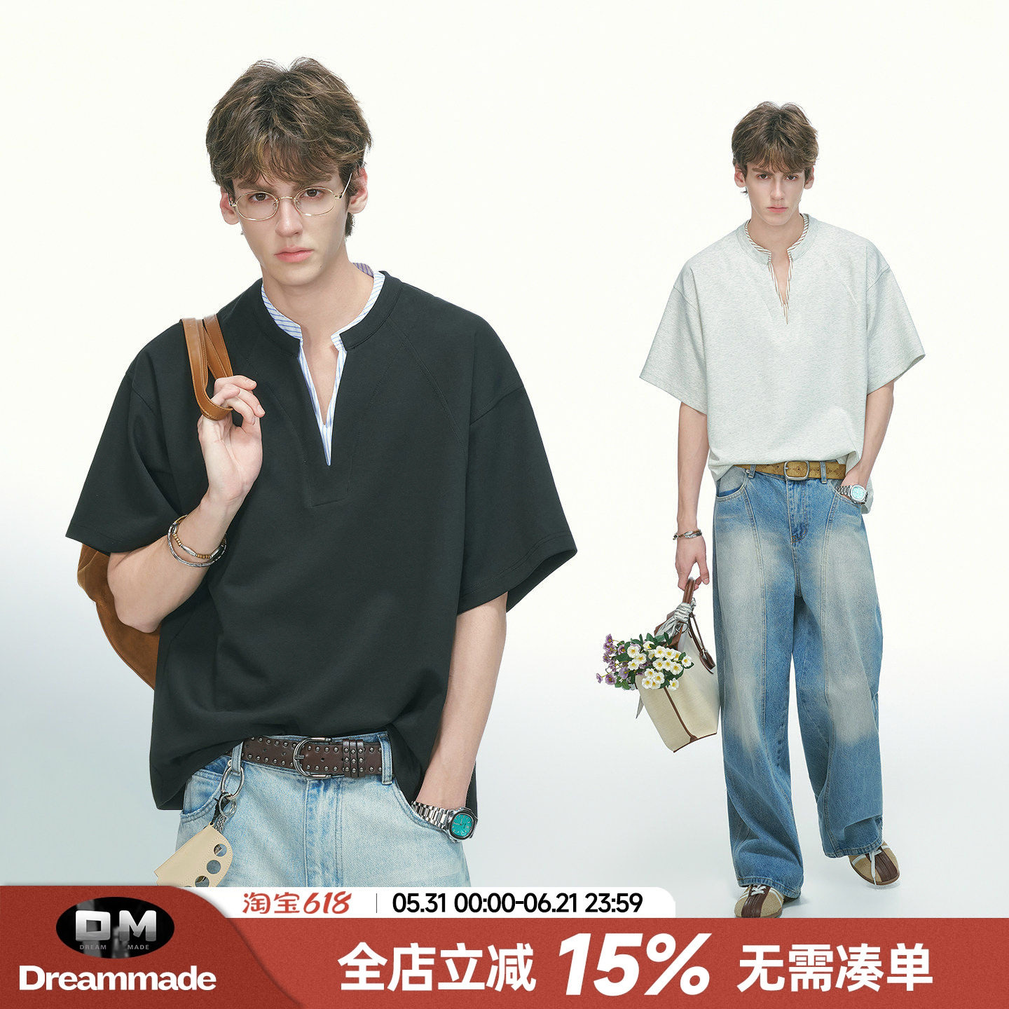 Dream made 美式假两件V领短袖男款夏季人夫感亨利领正肩半袖T恤