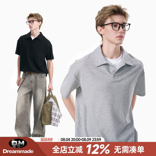 Dream made 美式假两件灰色POLO衫短袖T恤男夏季cleanfit男生半袖