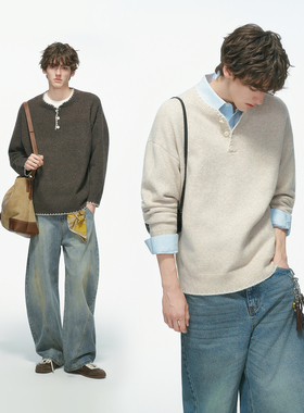 Dream made老钱风羊毛混纺亨利领毛衣男冬季内搭针织衫男生毛线衣